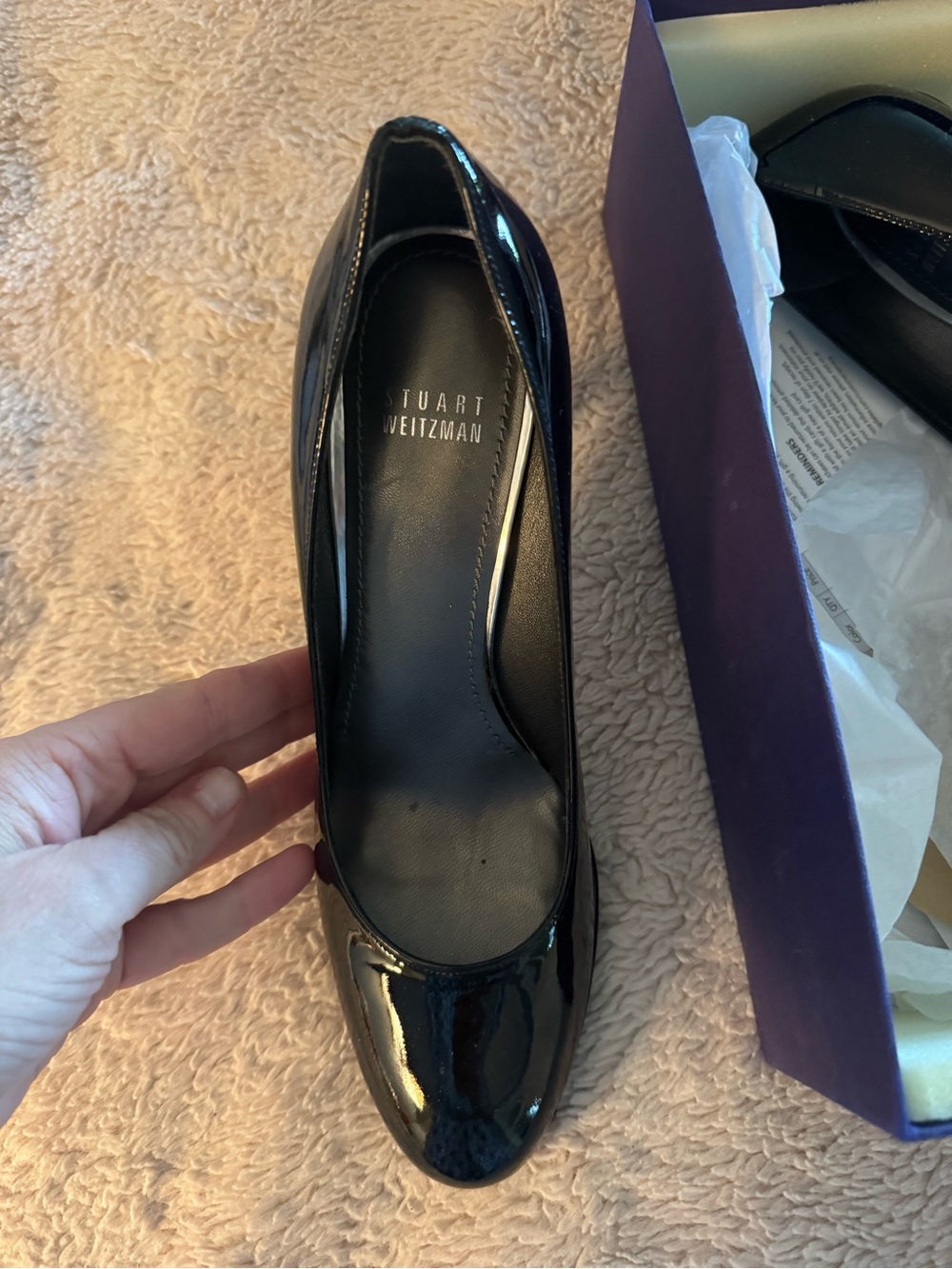 Stuart Weitzman Black Patent Leather Round-Toe Pumps